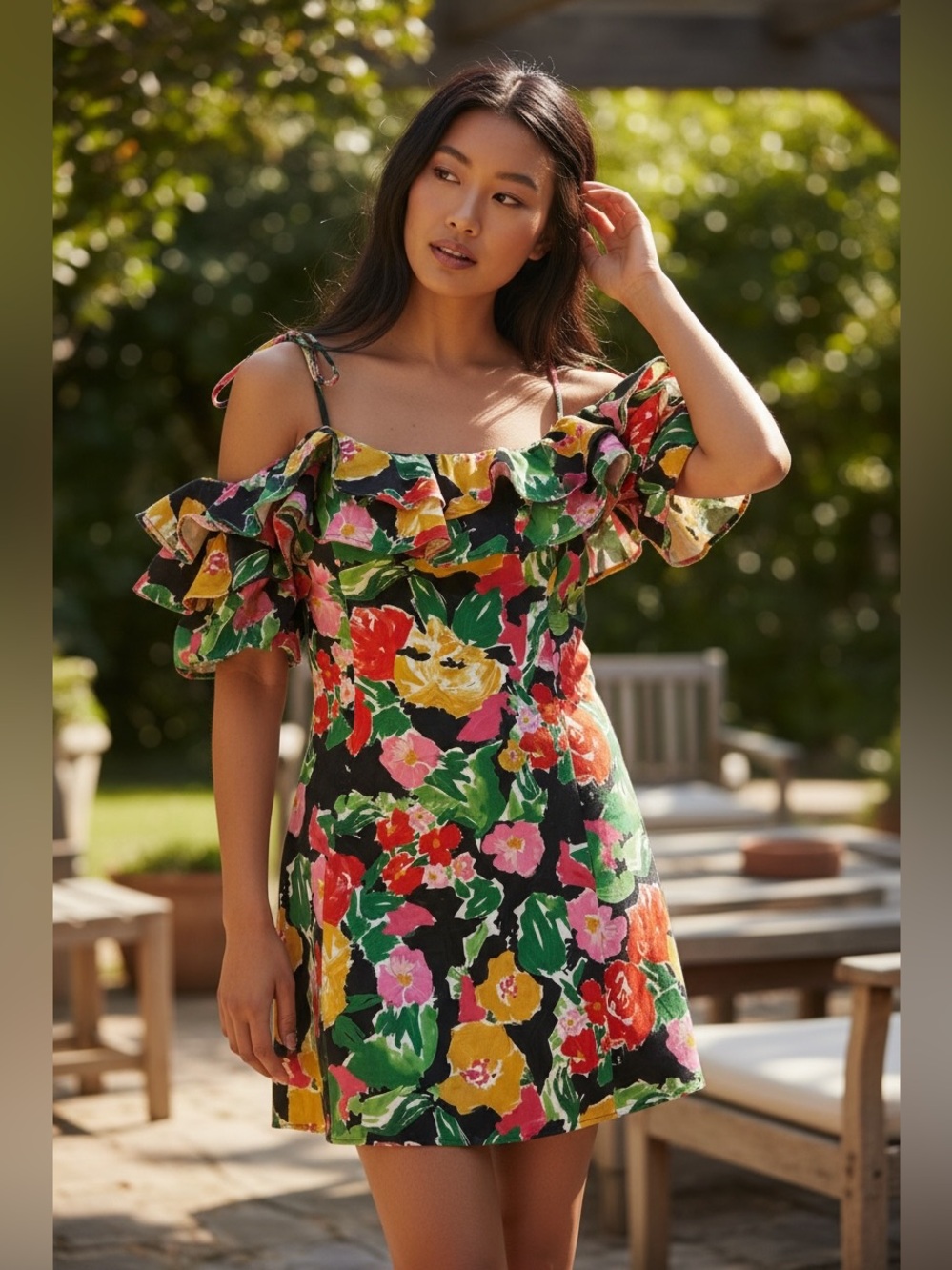 Topshop Floral  Ruffle Off Shoulder Mini Dress